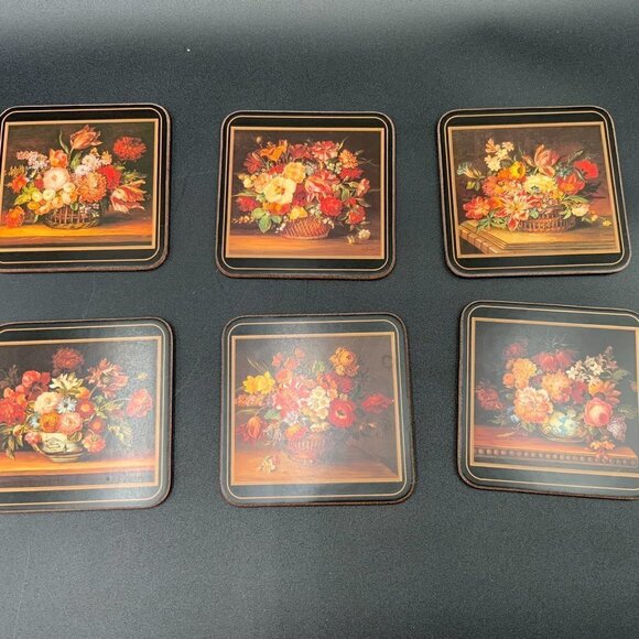 Set of 6 Pimpernel Coasters Made in England Flemish Flowers Cork Backed Org Box - Picture 3 of 5